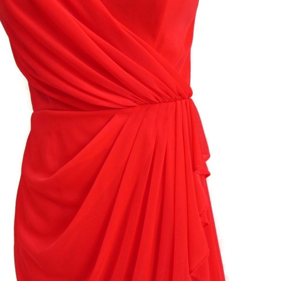 Cache Cocktail Dress Rhinestone Brooch Neon Red Ruched Padded Bra Zip Back USA 4 - Picture 3 of 15